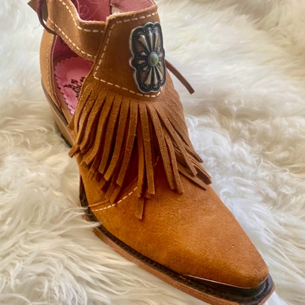 Tan Ankle Boots with Fringe and Pointed Toe 
BRAND NEW!